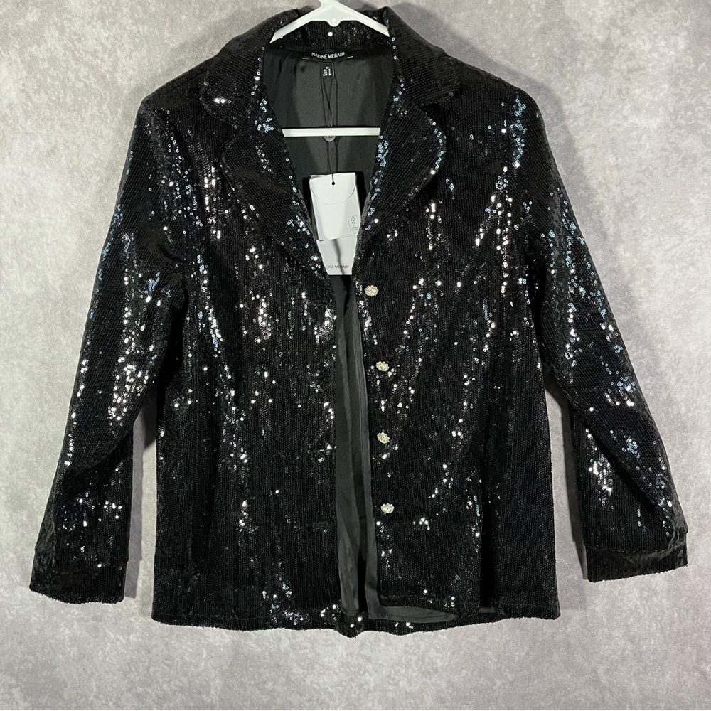 NADINE MERABI Black Sequin Button Up Jacket Size XS / US 2 UK 6 EUR 34 NWT $232